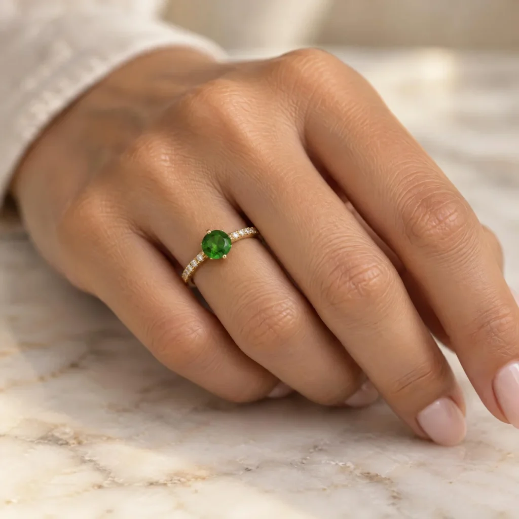Anel Solitário com Esmeralda e Laterais Cravejadas em ouro 18k, na mão de uma modelo