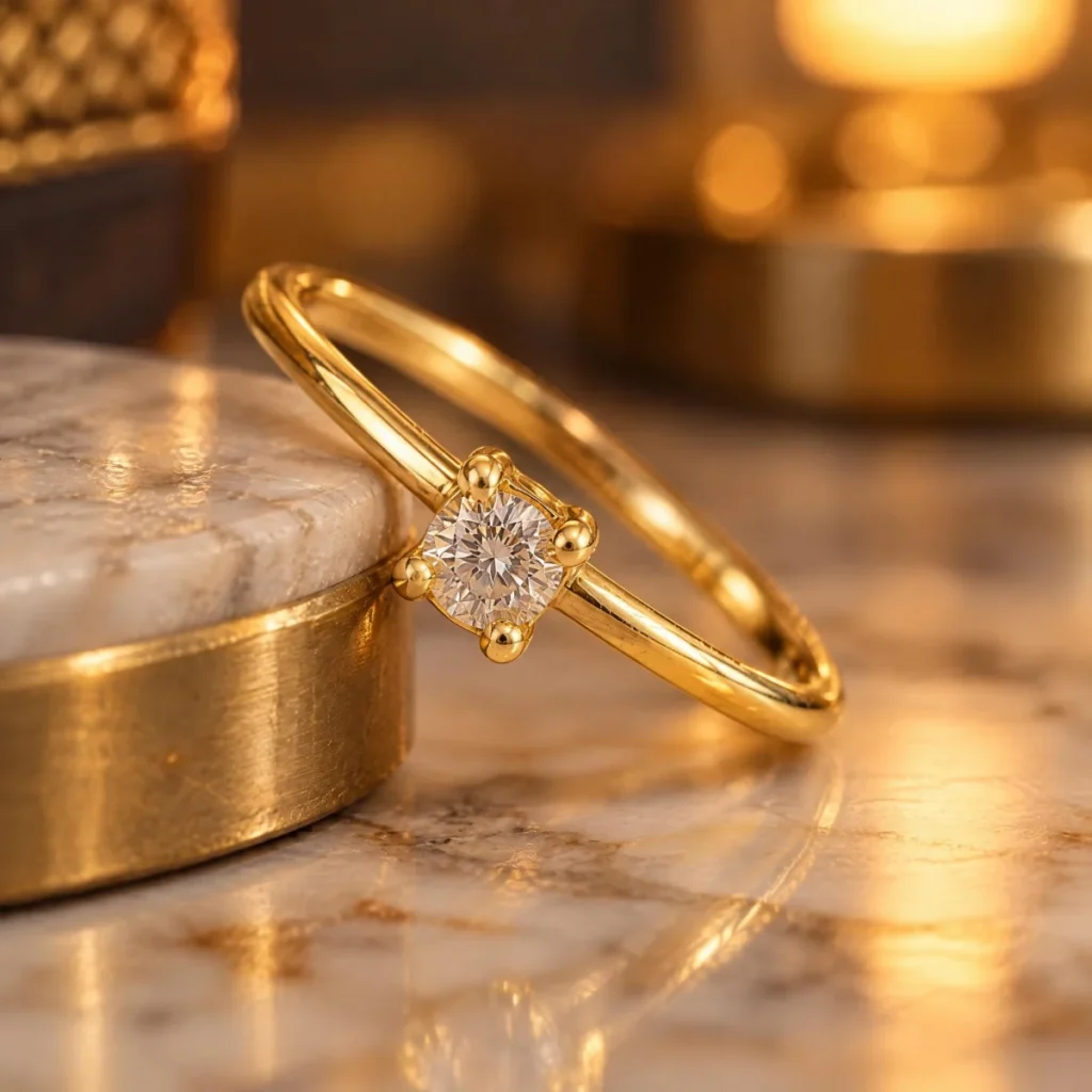 Anel Solitário com Zircônia Aro Arredondado em ouro 18k, em foto de estúdio