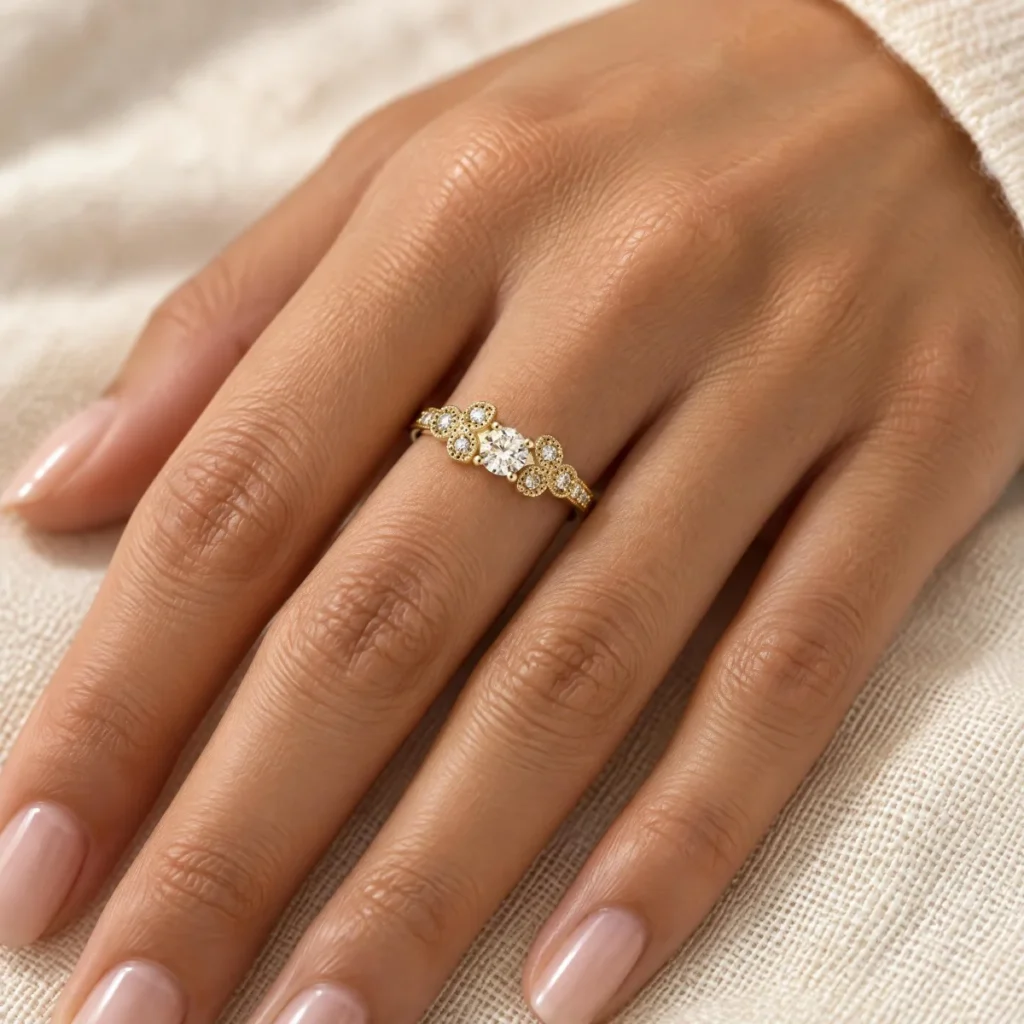 Anel Solitário Flores Cravejadas em ouro 18k, na mão de uma modelo