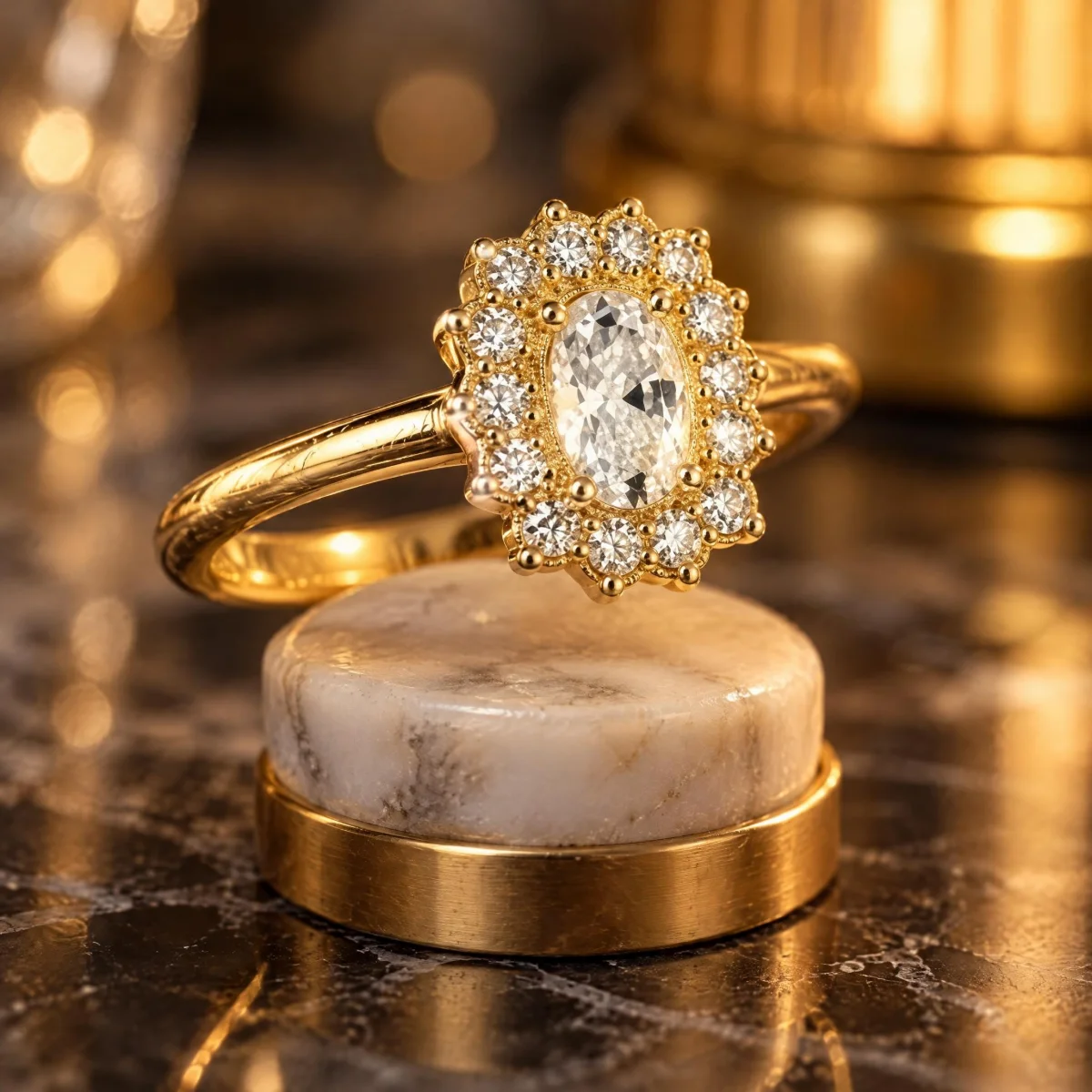 Anel Solitário Halo Oval Completo em ouro 18k, em foto de estúdio