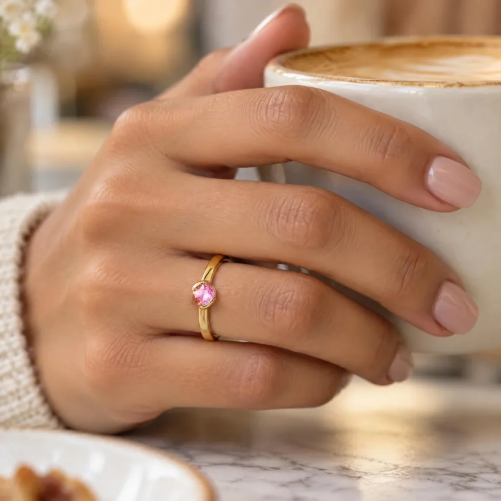 Anel Turmalina Rosa em Ouro 18k com Aro Duplo, na mão de uma modelo