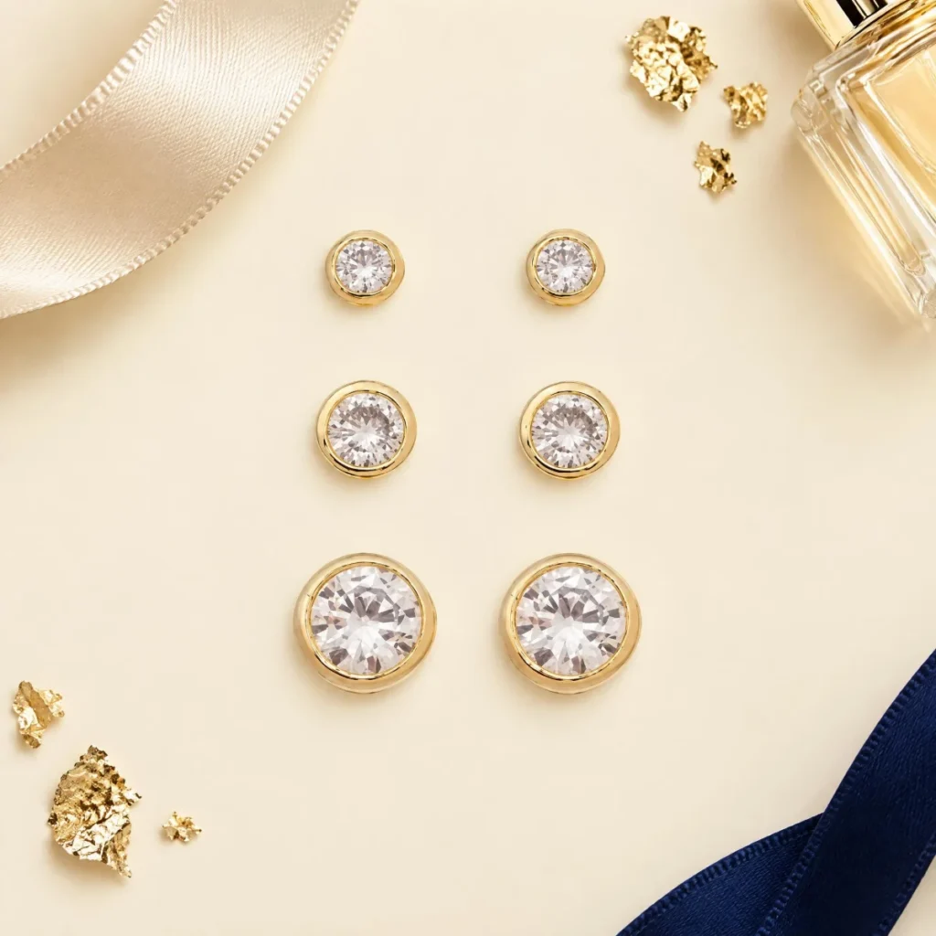 Brinco Ponto de Luz Diamante Bezel em ouro 18k, em foto de estúdio