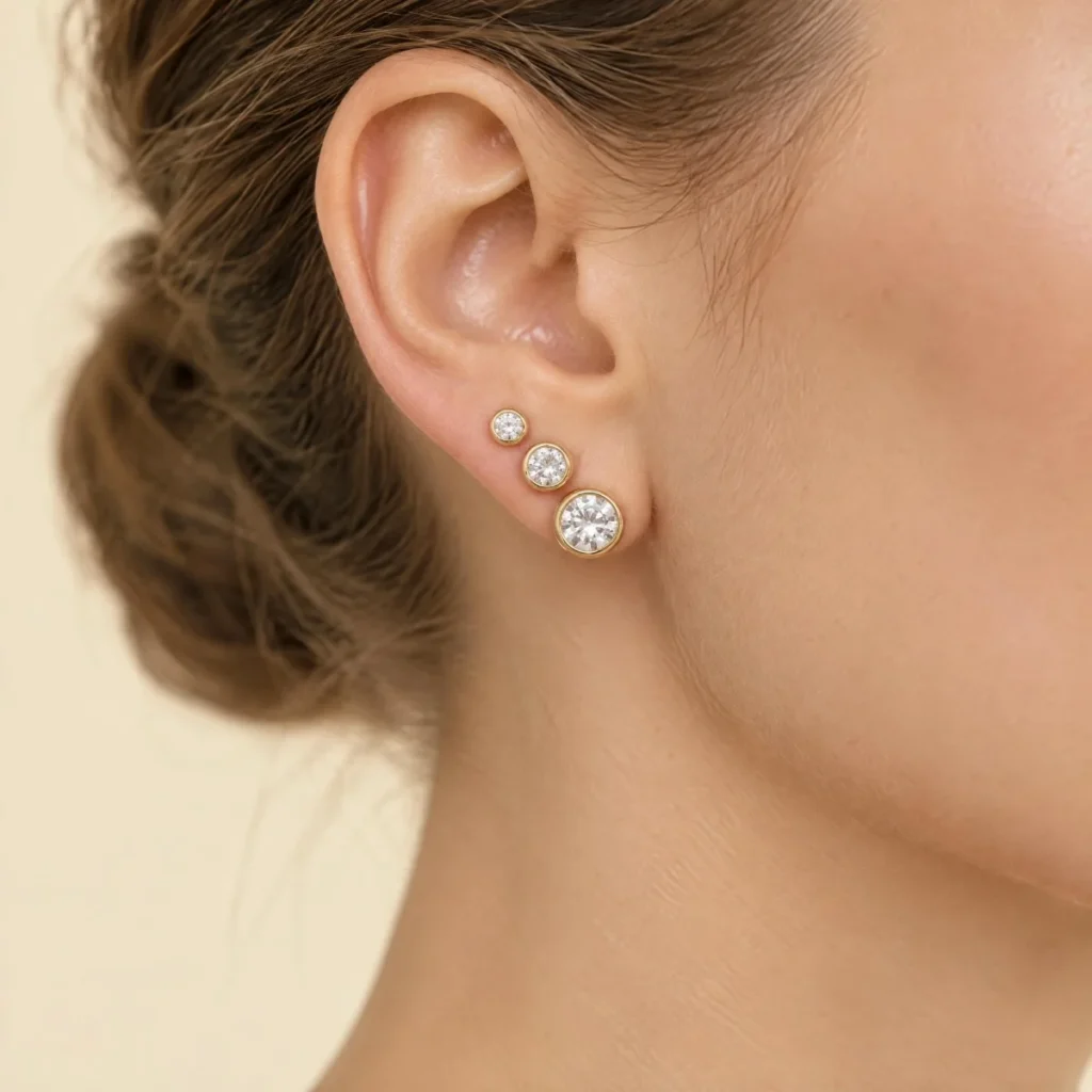 Brinco Ponto de Luz Diamante Bezel em ouro 18k, na orelha de uma modelo