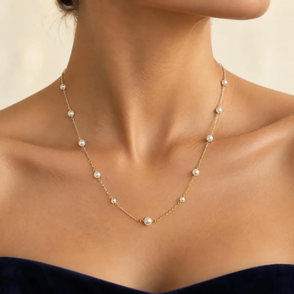 Colar de Pérola com Ouro 18k, em uso por uma modelo