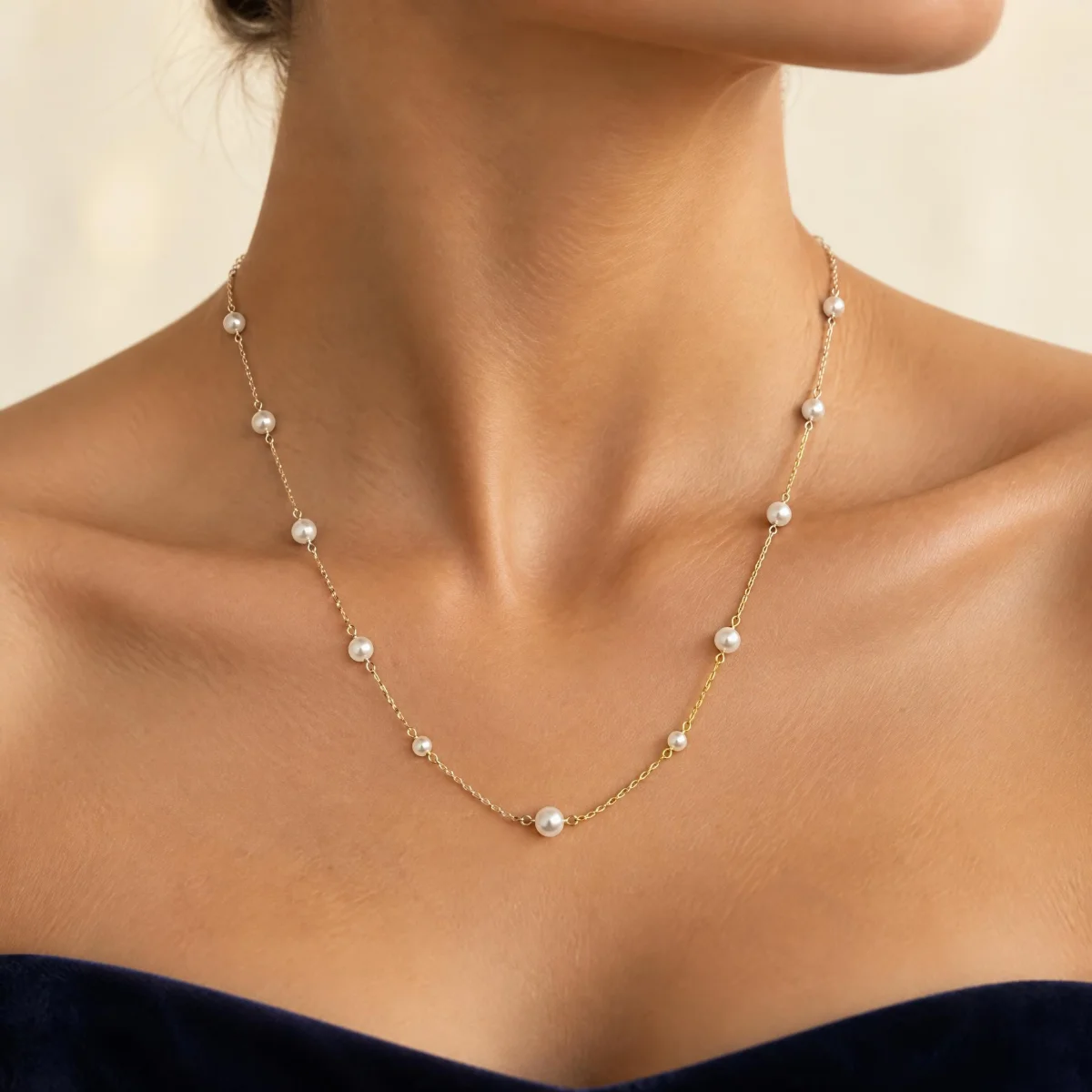 Colar de Pérola com Ouro 18k, em uso por uma modelo