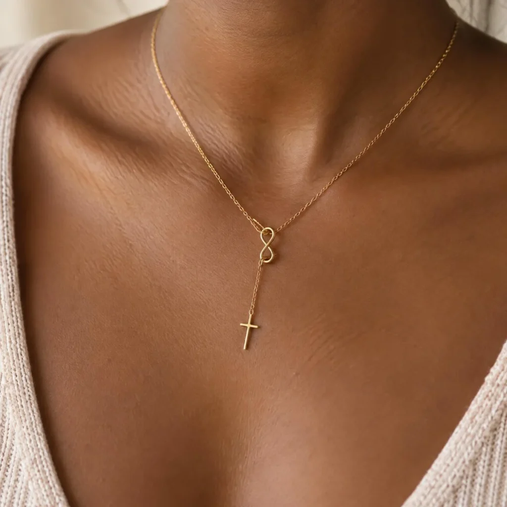 Colar Fé com Cruz e Infinito em Ouro 18k, em uso por uma modelo