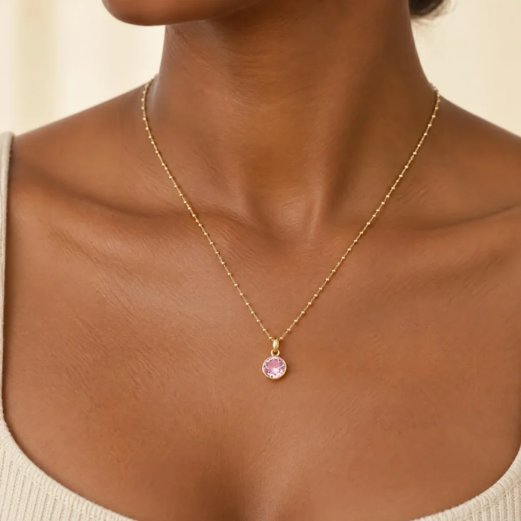 Colar Ponto de Luz Diamante com Elos Longos em ouro 18k, em uso por uma modelo