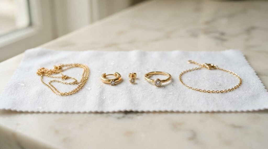 Como limpar ouro de cada tipo de joia: anel, cordão, brinco e pulseira de ouro 18k em toalha de microfibra