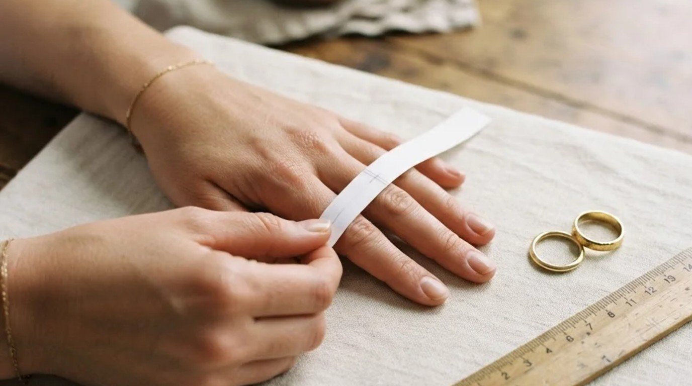 Como medir o dedo para anel: mão medindo o dedo anelar com tira de papel, régua e anéis de ouro 18k ao lado