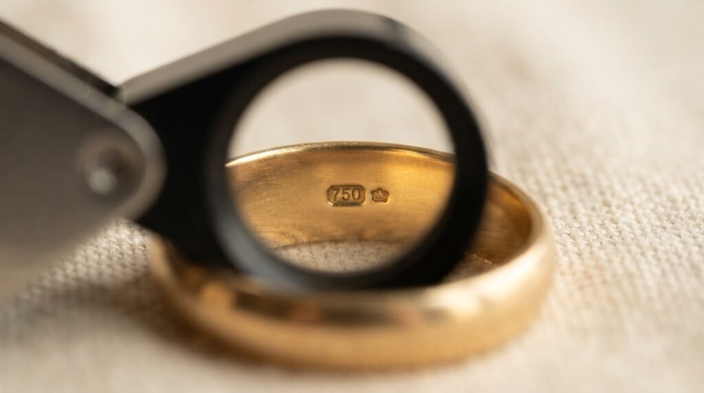 Como saber se o ouro é verdadeiro: lupa sobre a marcação de teor gravada no interior de uma aliança de ouro 18k