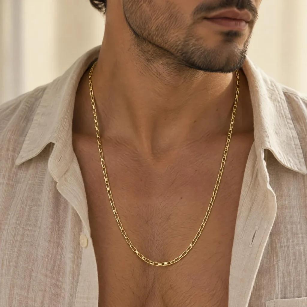 Cordão Masculino Ouro 18k, em uso por um homem