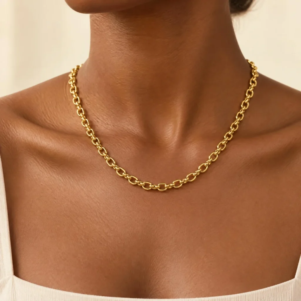 Corrente Elo Português Ouro 18k, em uso por uma modelo