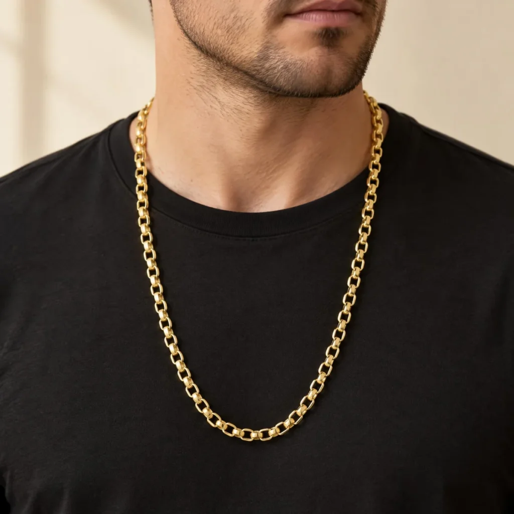 Corrente Elo Português Ouro 18k 4 mm, em uso por um homem