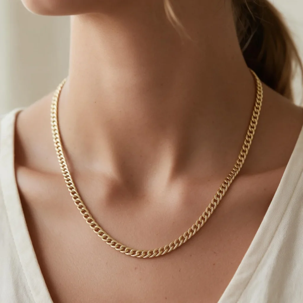 Corrente Grumet Masculina em Ouro 18k, em uso por uma modelo