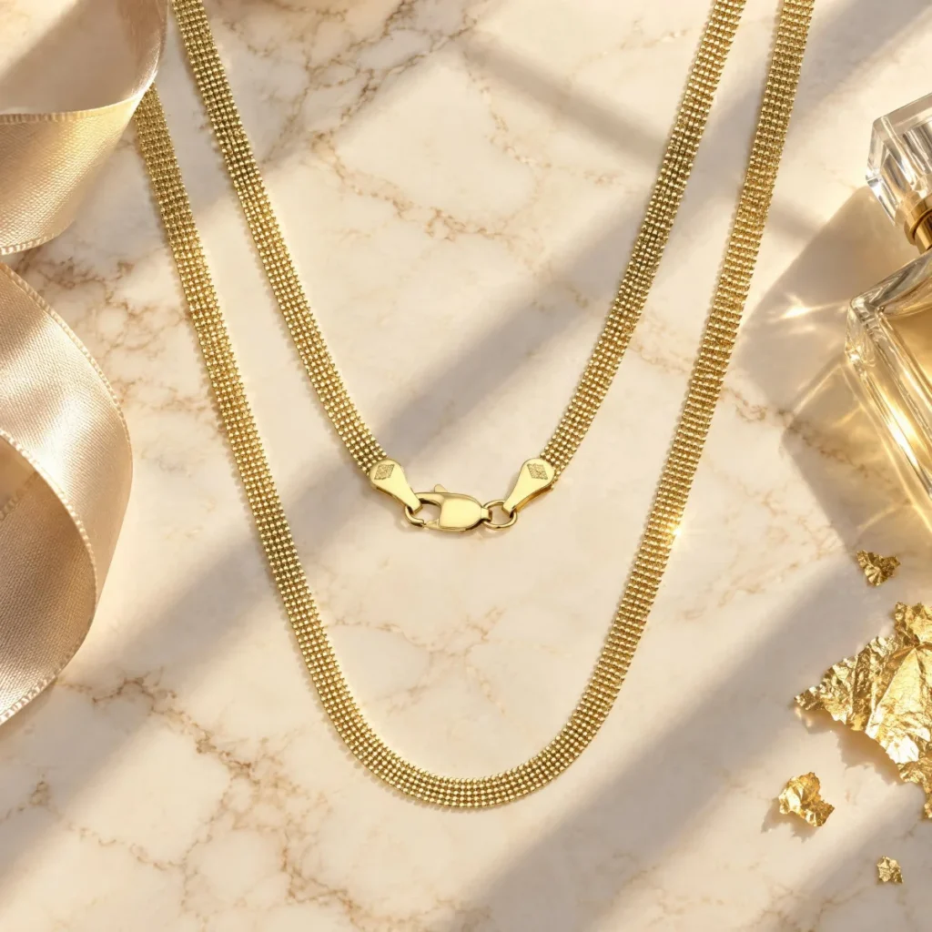 Corrente Veneziana Ouro 18k Cinco Fios, em composição de cena