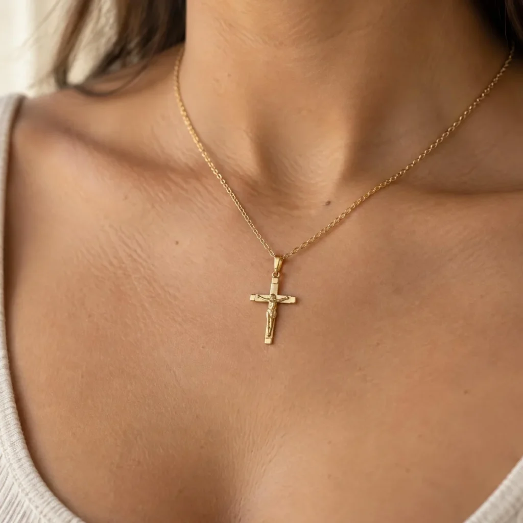 Crucifixo Ouro 18k Médio com Cristo Fosco, em uso por uma modelo