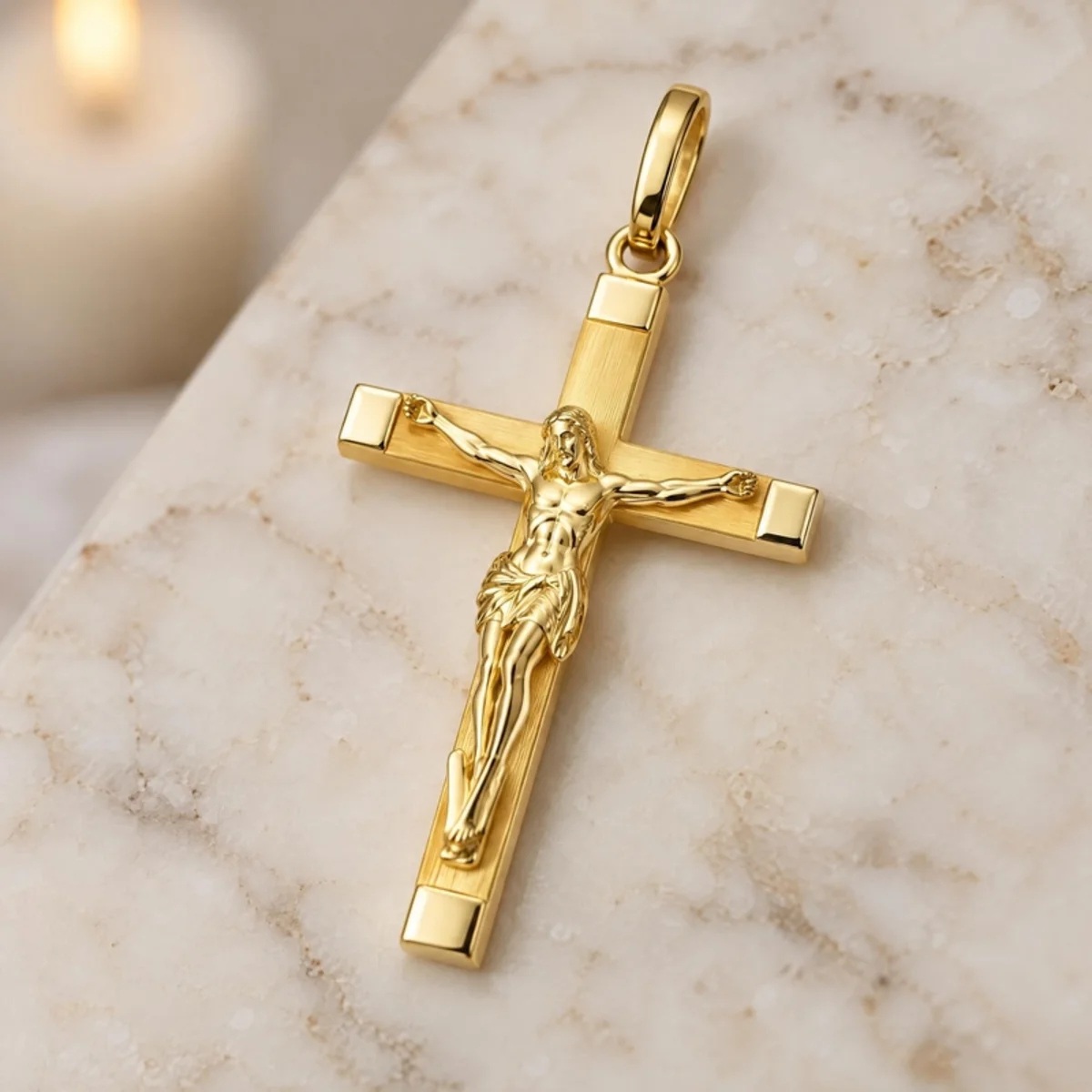 Crucifixo Ouro 18k Médio com Cristo Fosco, em foto de estúdio