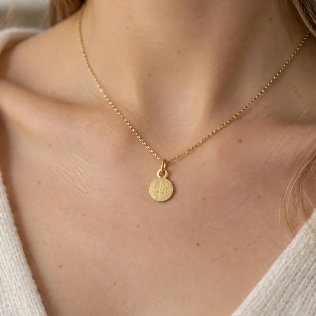 Gargantilha Espírito Santo em Ouro 18k, em uso por uma modelo