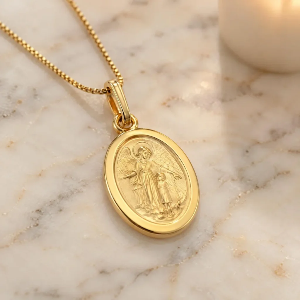Medalha Anjo da Guarda Oval em Ouro 18k, em outro ângulo, foto de estúdio