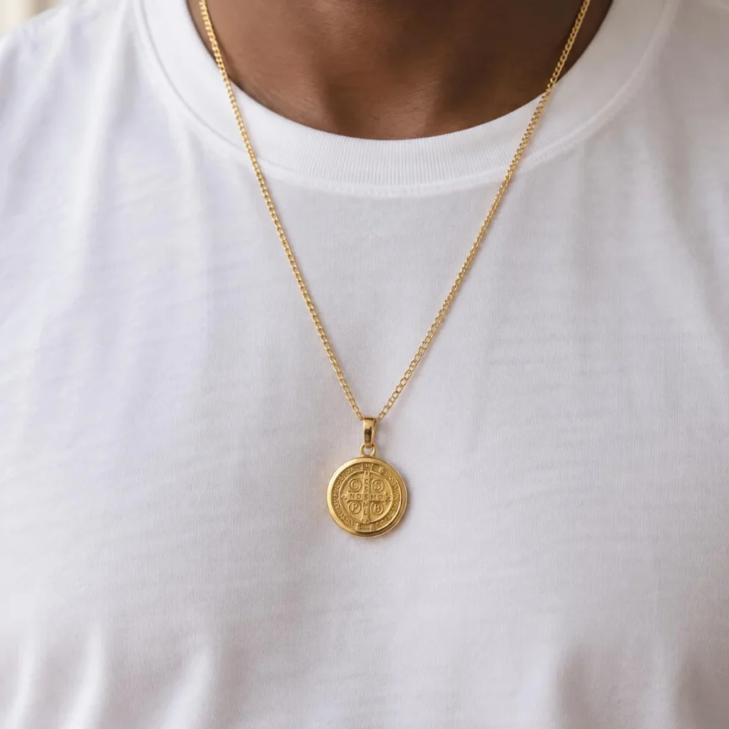 Medalha de São Bento Ouro 18k Maciça, em uso por uma modelo
