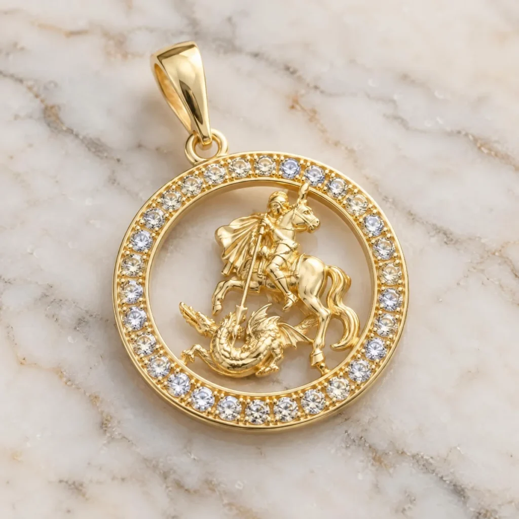 Medalha de São Jorge Vazada com Zircônias em Ouro 18k, em foto de estúdio