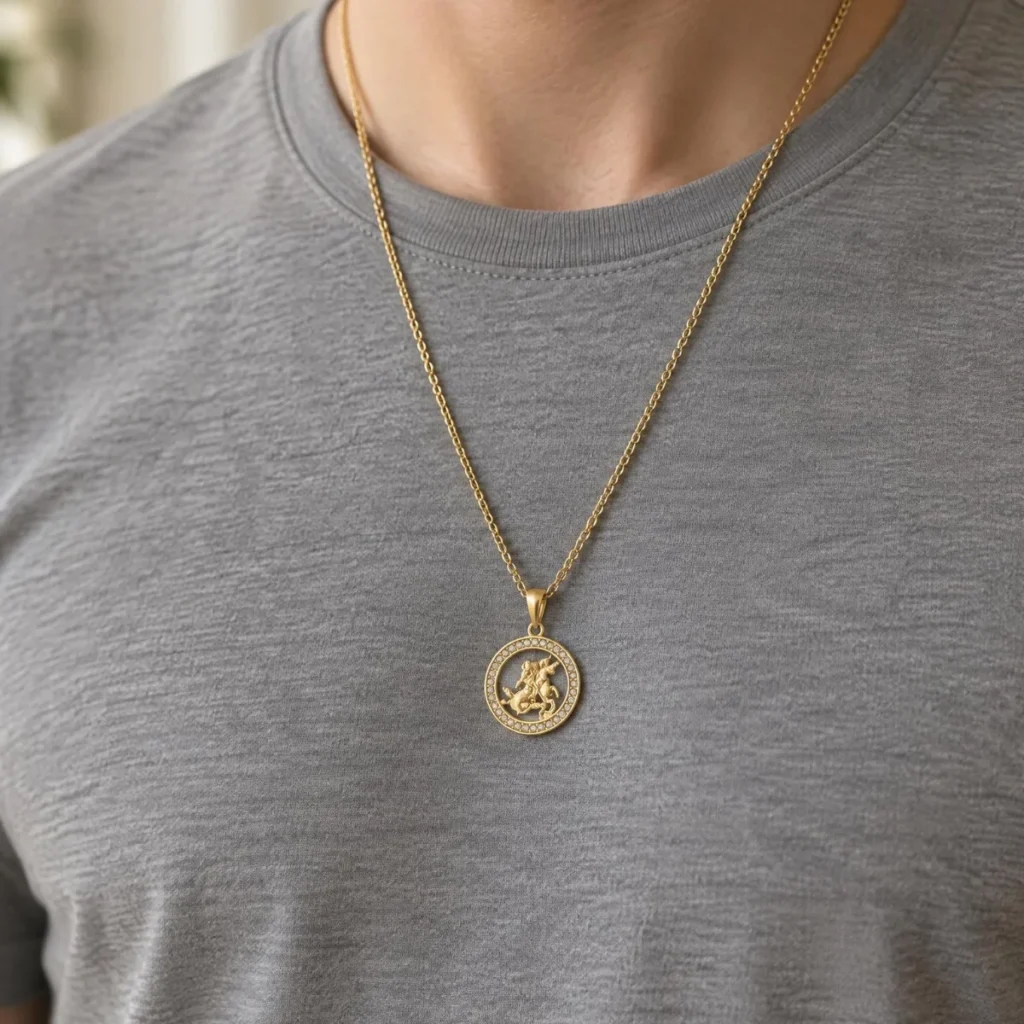 Medalha de São Jorge Vazada com Zircônias em Ouro 18k, em uso por uma modelo