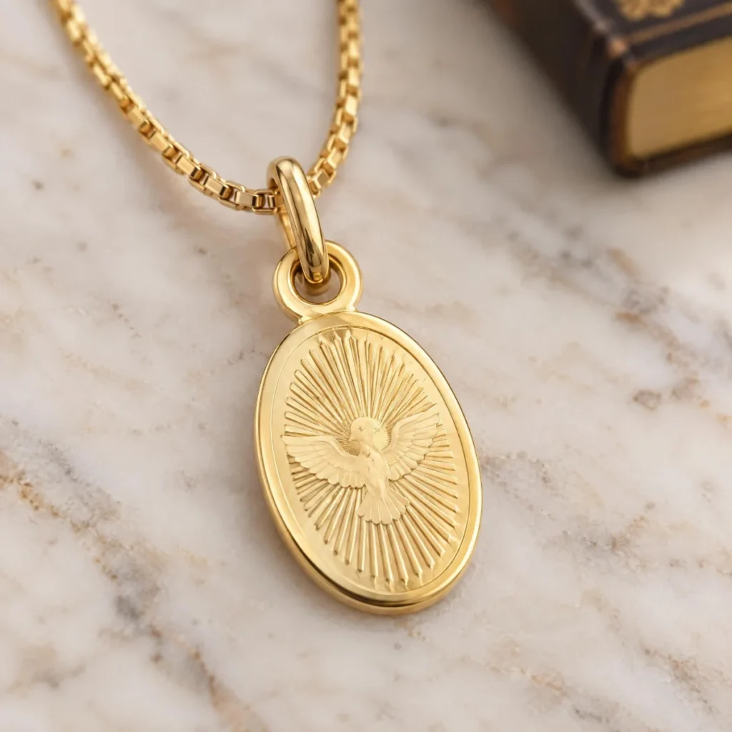 Medalha Espírito Santo Ouro 18k Oval Pequena, em foto de estúdio