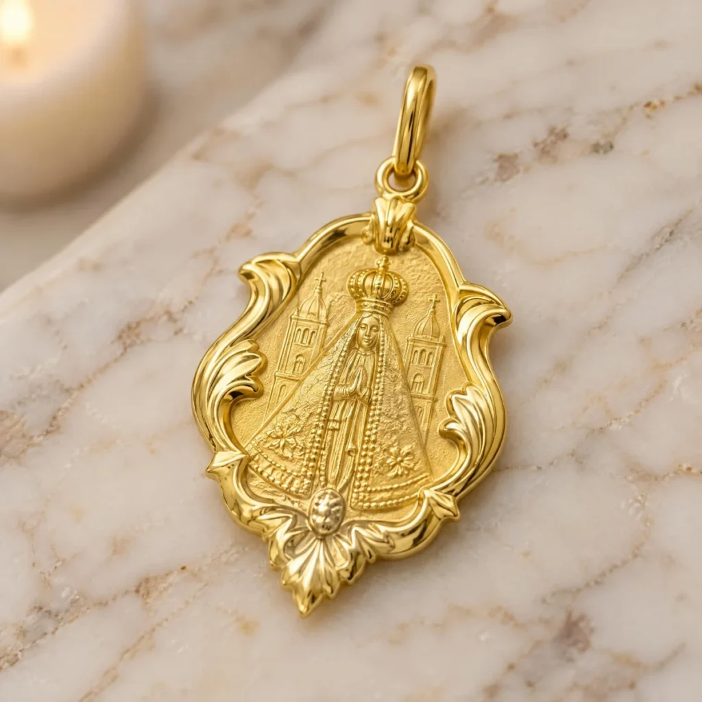 Medalha Nossa Senhora Aparecida Ouro com Ornato, em foto de estúdio