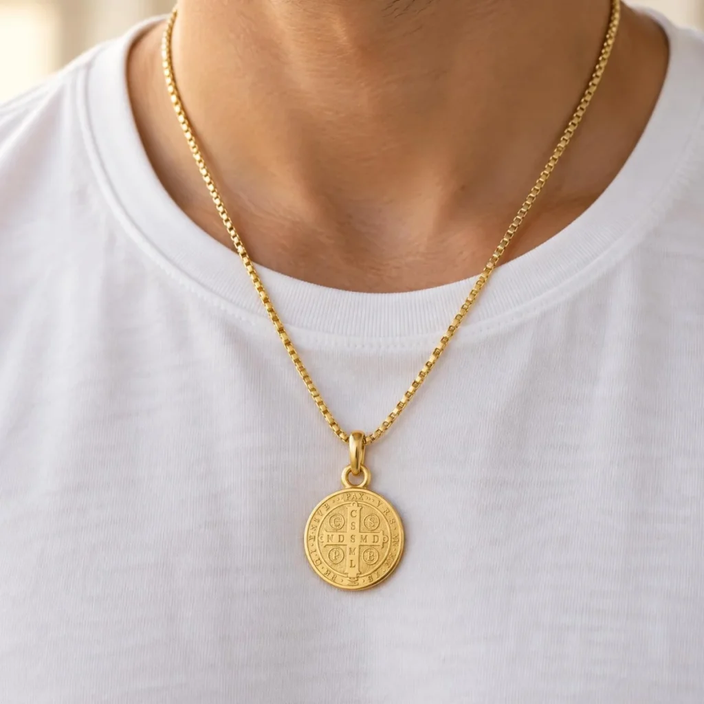 Medalha São Bento Ouro 18k Pequena, em uso por uma modelo