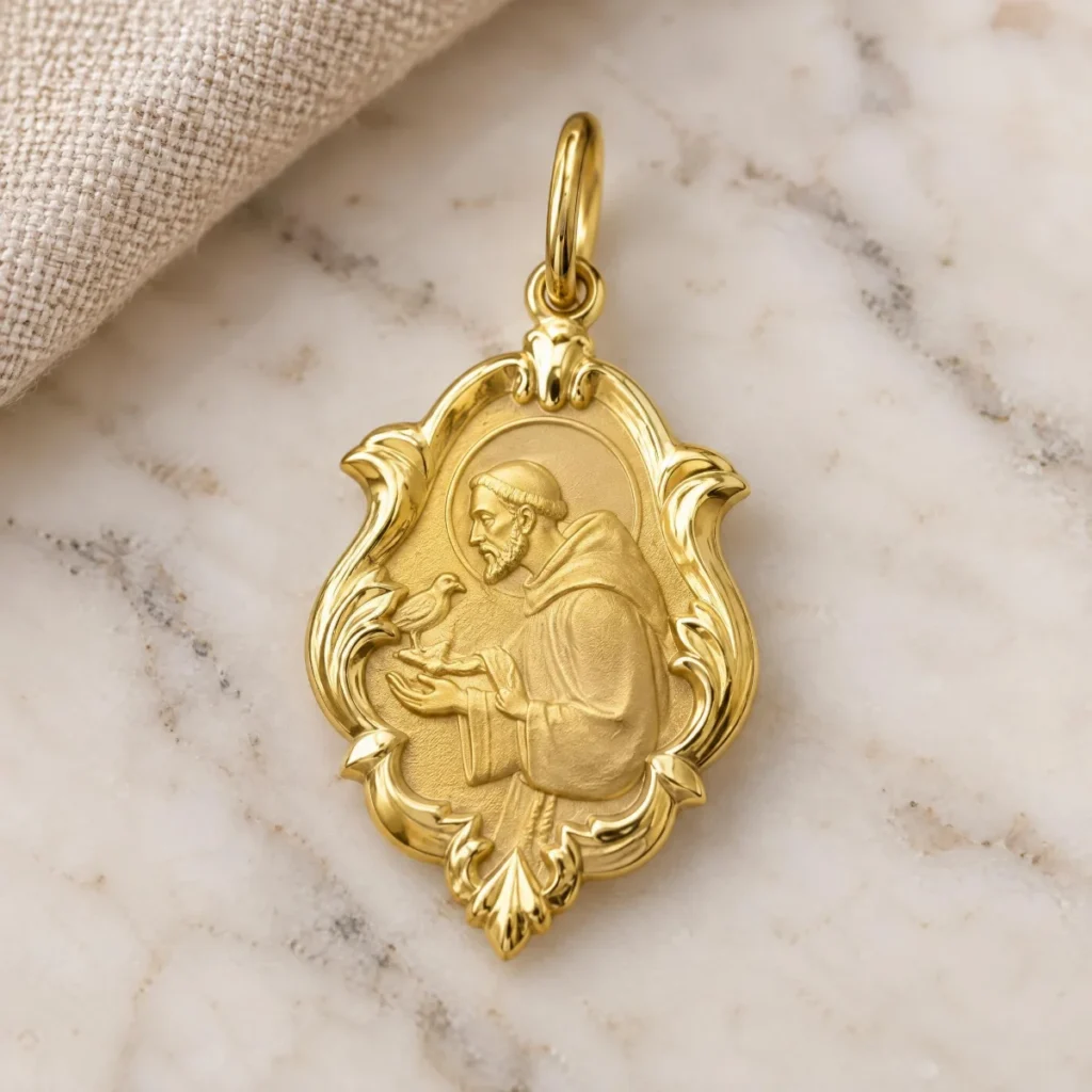 Medalha São Francisco em Ouro 18k com Ornato, em foto de estúdio