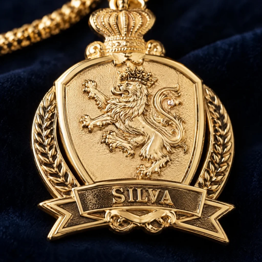 Pingente Brasão de Família em Ouro 18k, em detalhe, foto em close