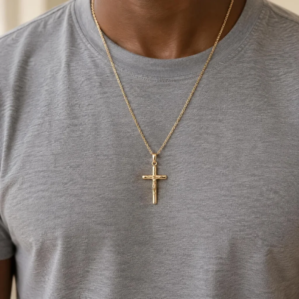 Pingente Crucifixo Ouro 18k de Hastes Cilíndricas, em uso por uma modelo