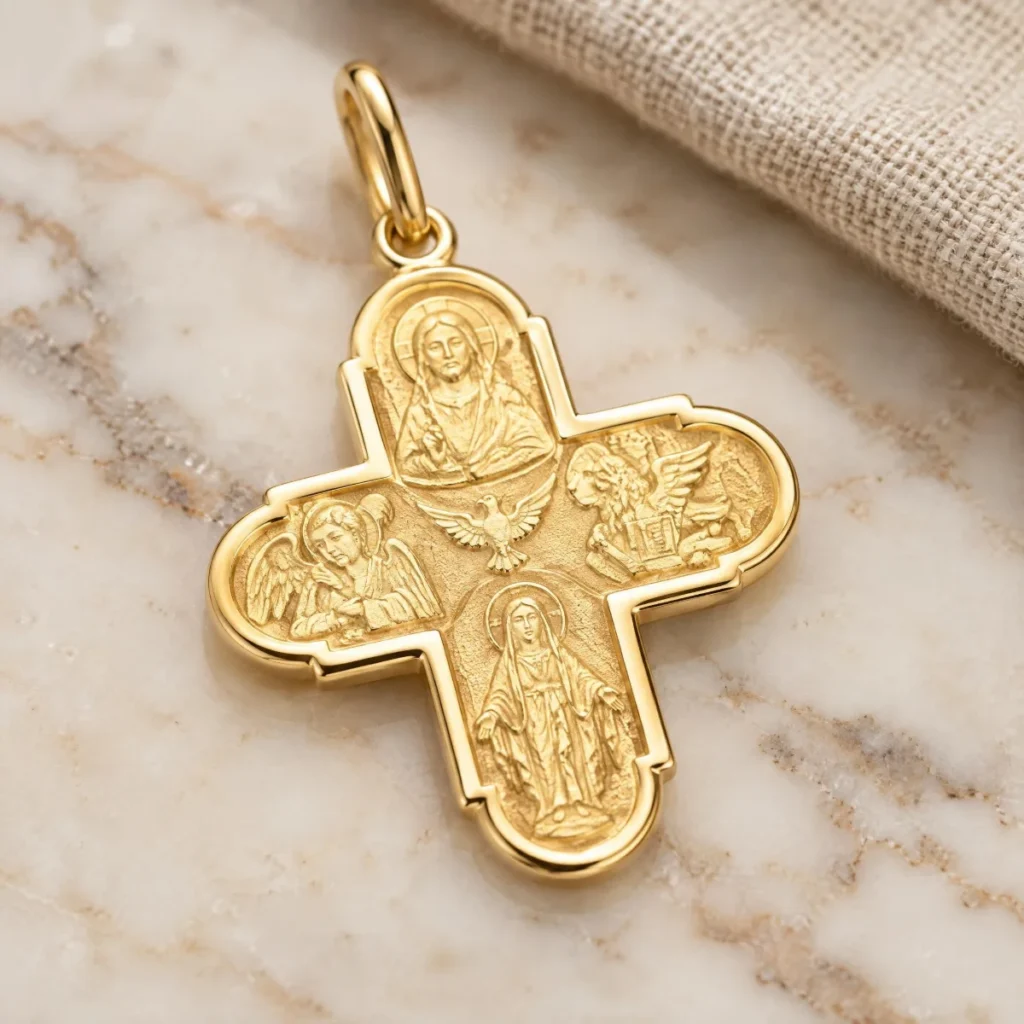 Pingente Cruz do Cristão em Ouro 18k Quatro Cenas, em foto de estúdio