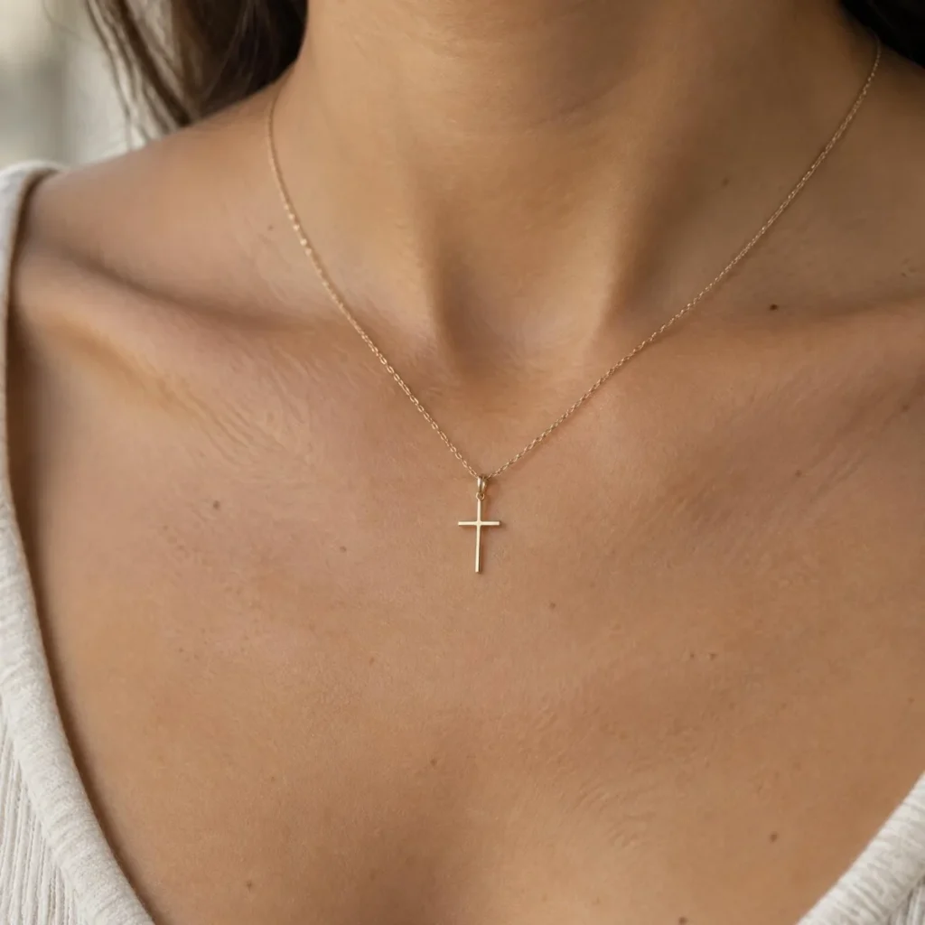 Pingente Cruz Ouro 18k Palito, em uso por uma modelo