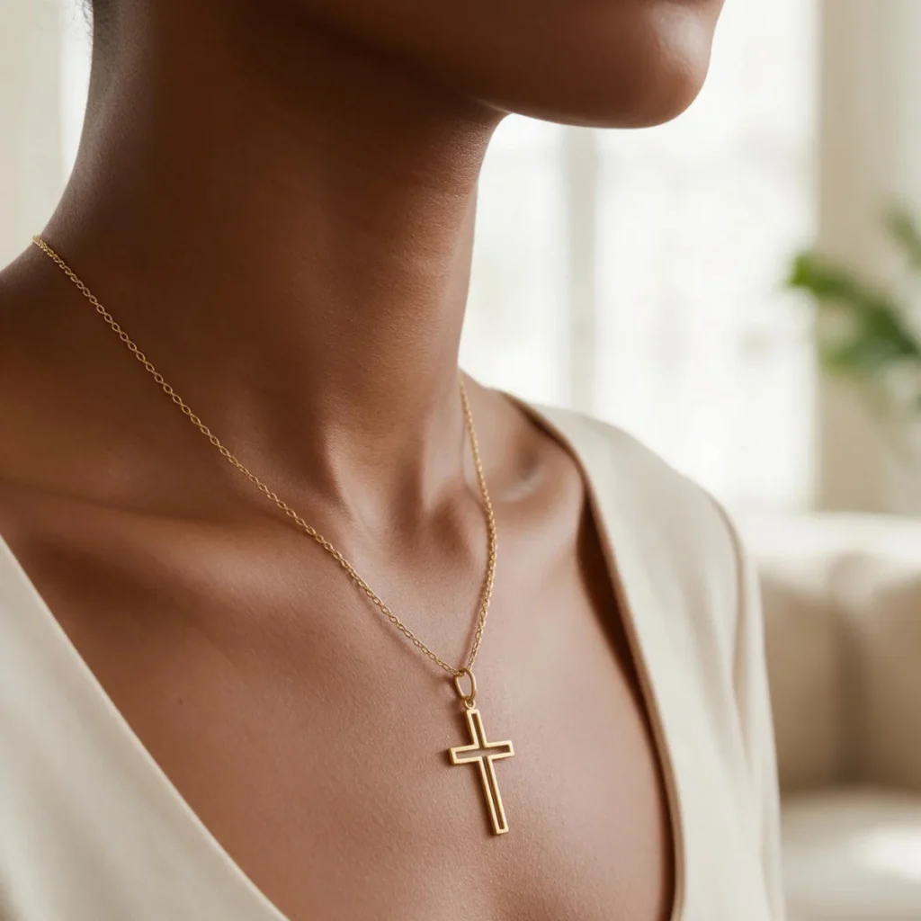 Pingente Cruz Vazada Grande em Ouro 18k, em uso por uma modelo
