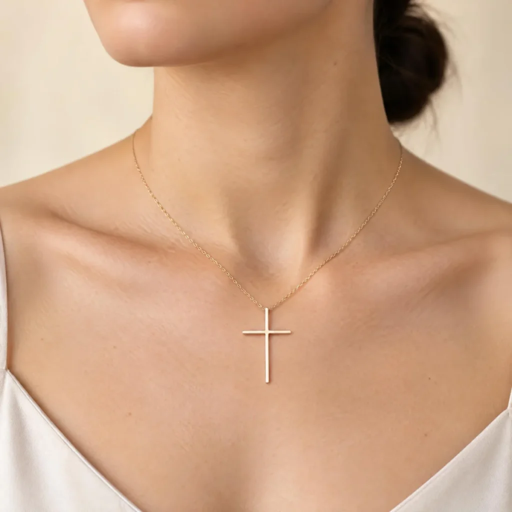 Pingente de Cruz Ouro 18k, em uso por uma modelo