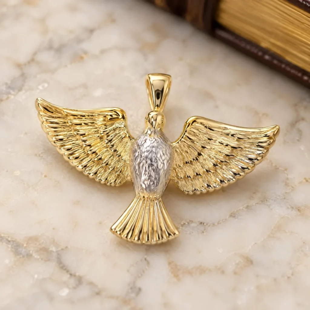 Pingente Divino Espírito Santo Ouro 18k Bicolor, em foto de estúdio