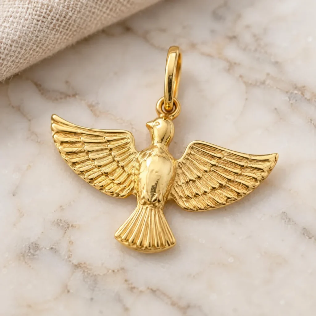 Pingente Espírito Santo Ouro 18k Asas Abertas, em foto de estúdio