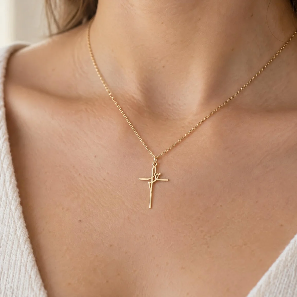 Pingente Fé Ouro 18k com Cruz, em uso por uma modelo