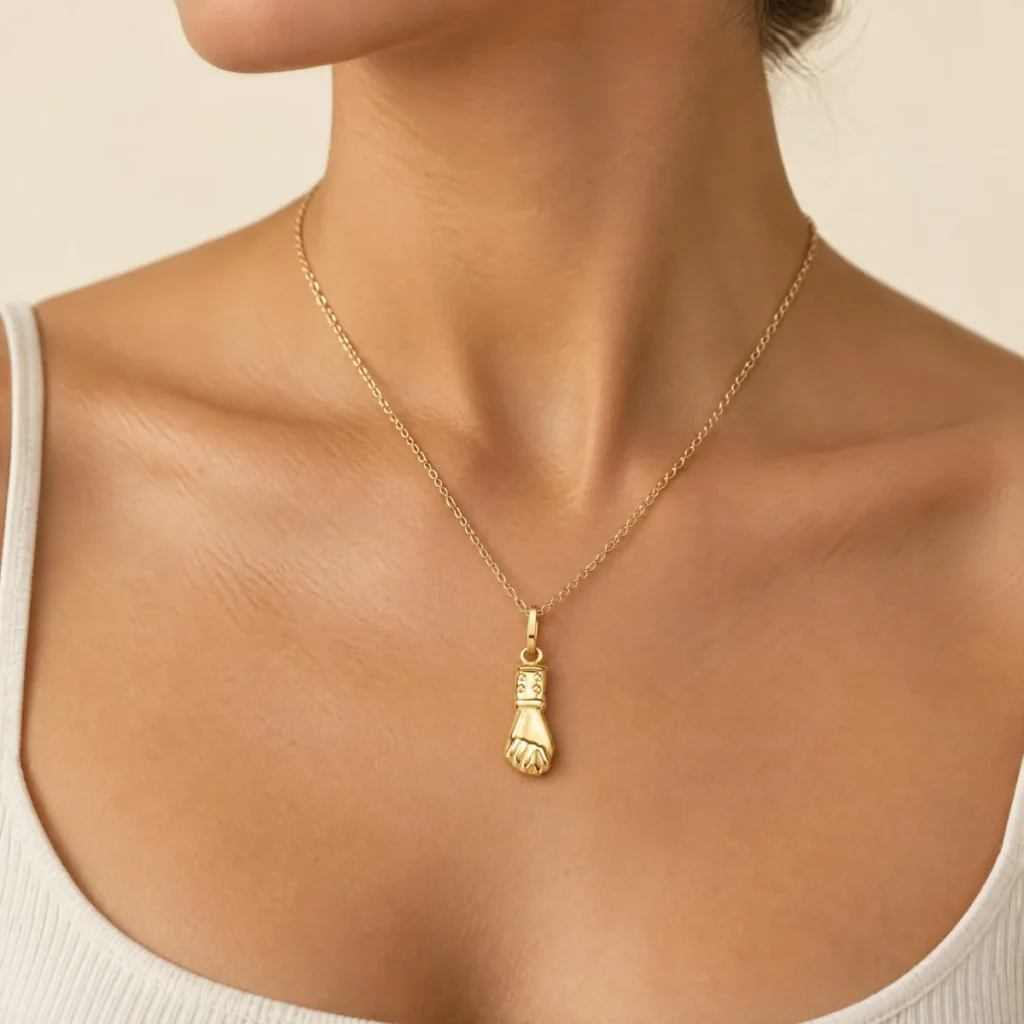 Pingente Figa em Ouro 18k, em uso por uma modelo