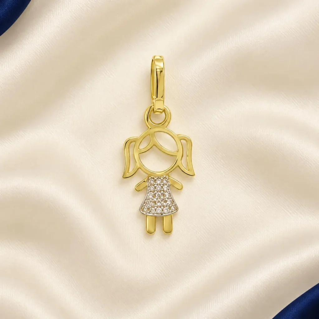 Pingente Menina Ouro 18k, em foto de estúdio