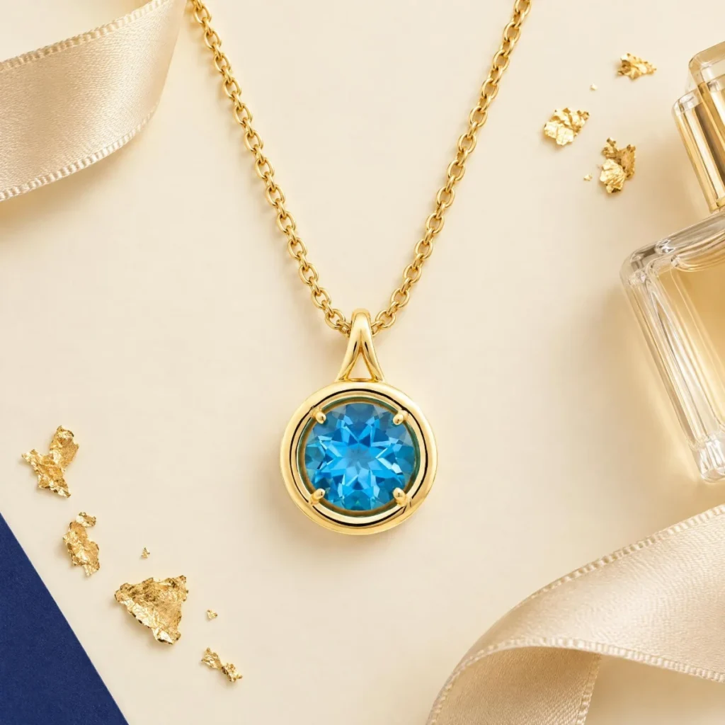 Pingente Topázio Azul em Ouro 18k, em foto de estúdio