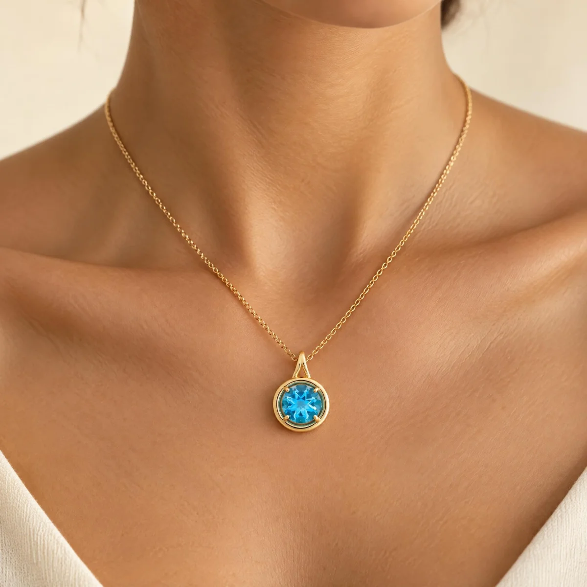 Pingente Topázio Azul em Ouro 18k, em uso por uma modelo