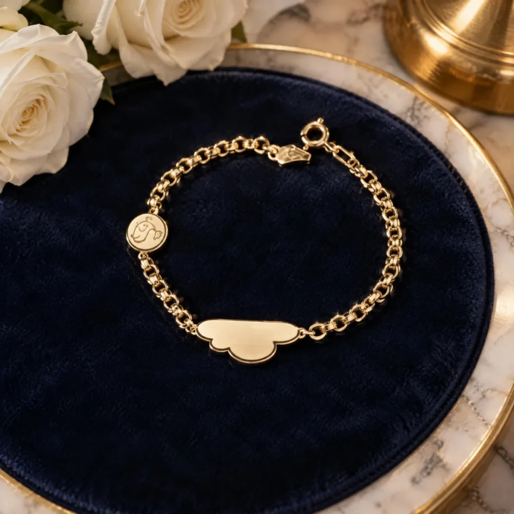 Pulseira Infantil de Ouro com Nome Nuvem Passarinho, em foto de estúdio